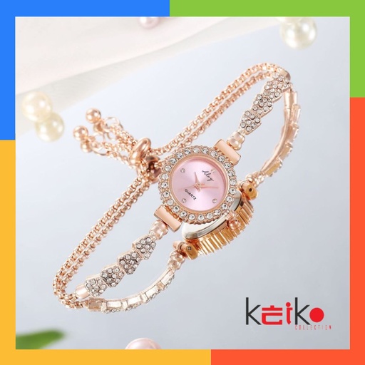 JTSR017 - Jam Tangan Wanita Bulat Serut Stainless Jam Tangan Wanita Quartz dengan Strap Rantai Diamond