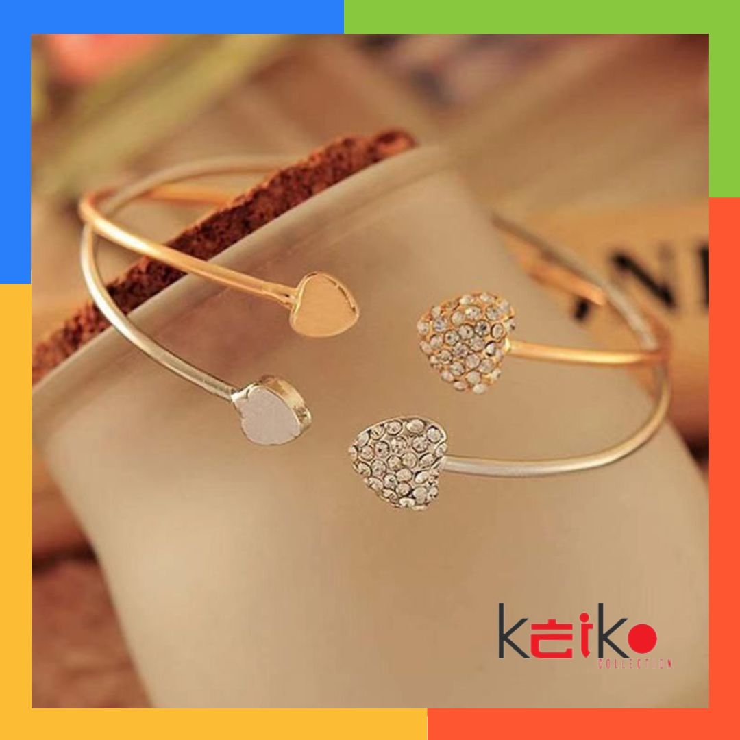 GL001 - Gelang Bangle Open Cuff Motif Hati Kristal untuk Wanita / Gelang Love / Gelang Bangle Fashion/ Jam Tangan